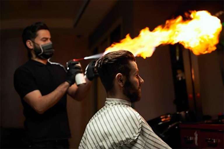 IL TESTE LA COUPE DE FEU ET SORT BRULE AU FRONT